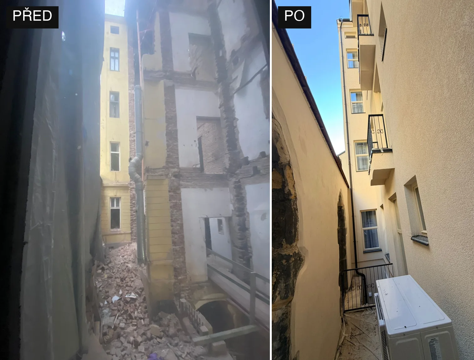 Dvorní trakt domu s odhalenými konstrukcemi a po dokončení rekonstrukce