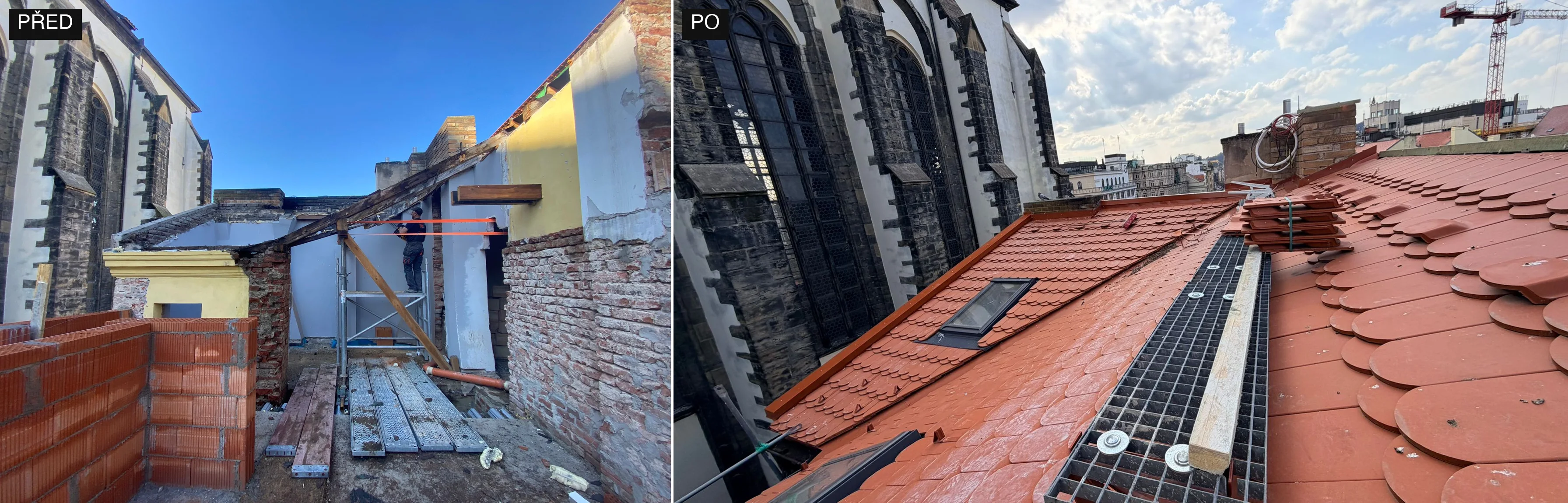 Střecha domu u kostela Panny Marie Sněžné před rekonstrukcí a po ní